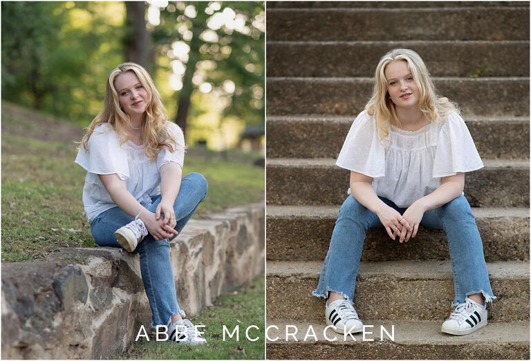 Senior portraits sitting poses in outdoor, natural light setting