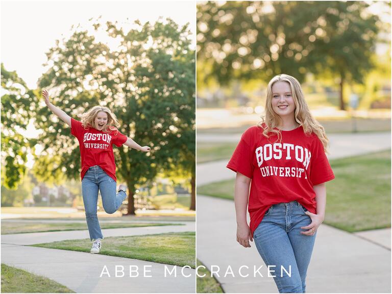 Senior portraits in red Boston University t-shirt
