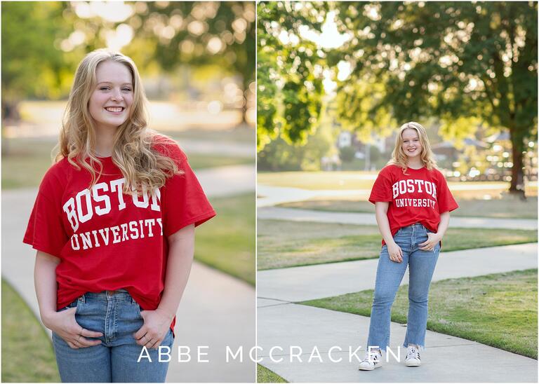 Senior pictures in red Boston University t-shirt