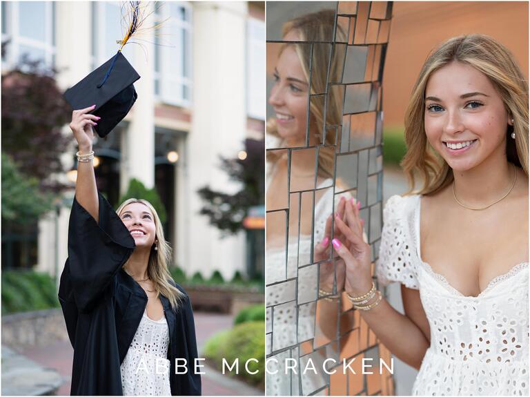 Summer Senior Photo Session images in Uptown Charlotte, girl throwing cap in the air and standing against the Fire Bird