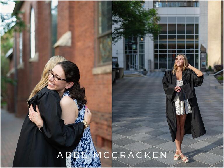 Senior portraits with cap and gown, photographed in Charlotte NC near The Mint Museum