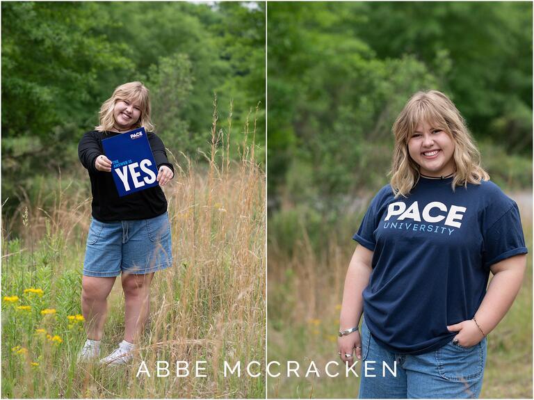 Senior pictures with collegiate gear for Pace University