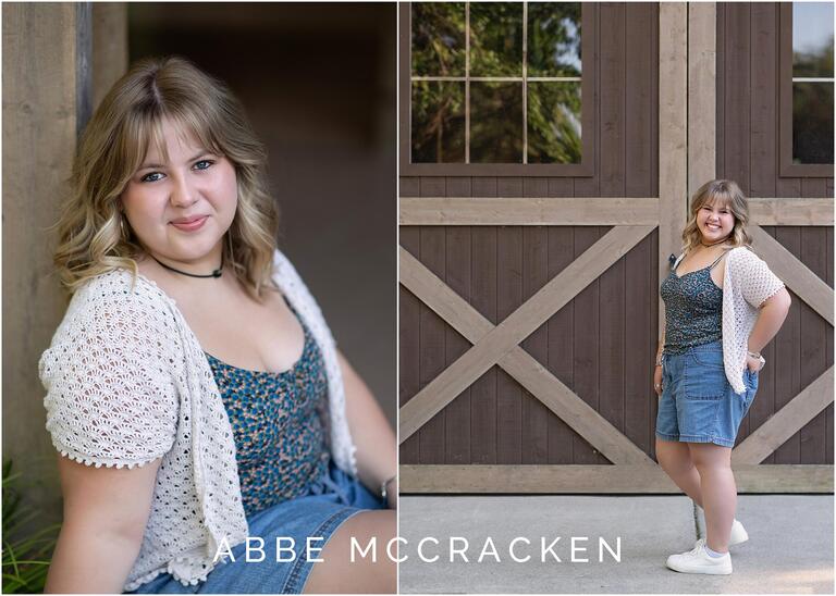 Senior portraits at a brown barn