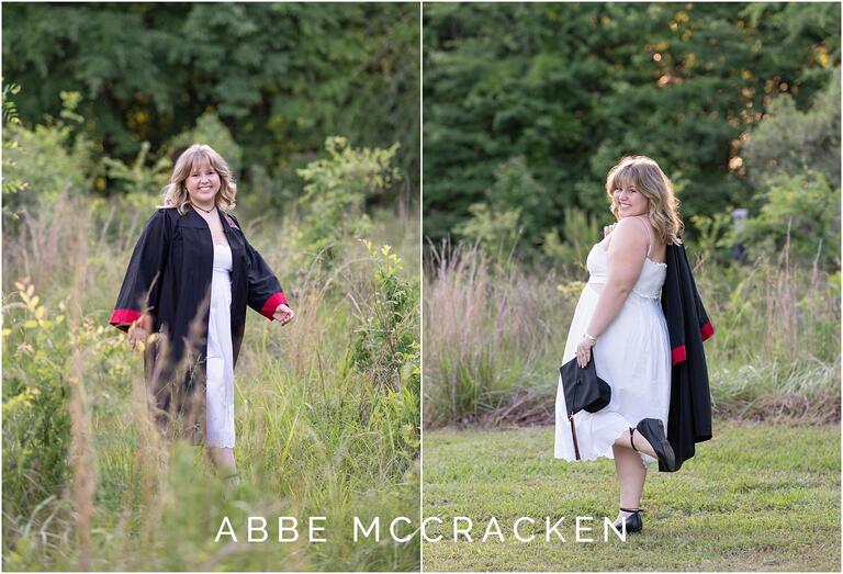 Full body senior portraits of graduate wearing gown and one image with gown over the shoulder