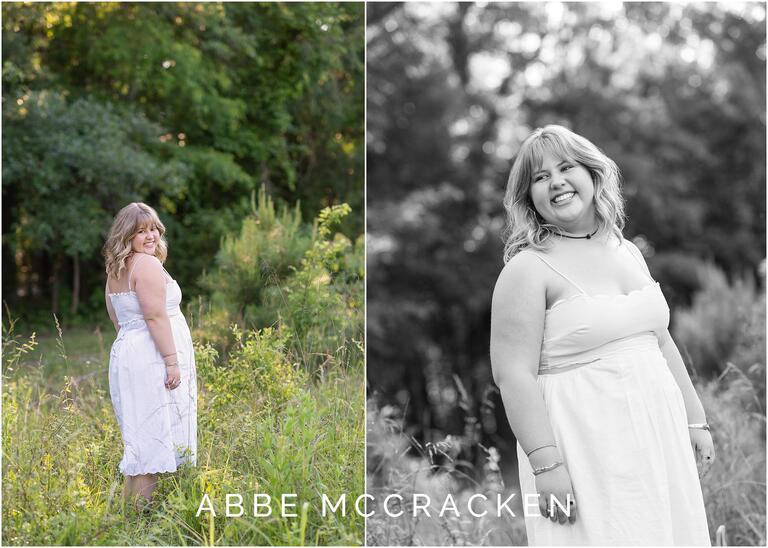 Cute, joy filled images of a high school senior in a white dress